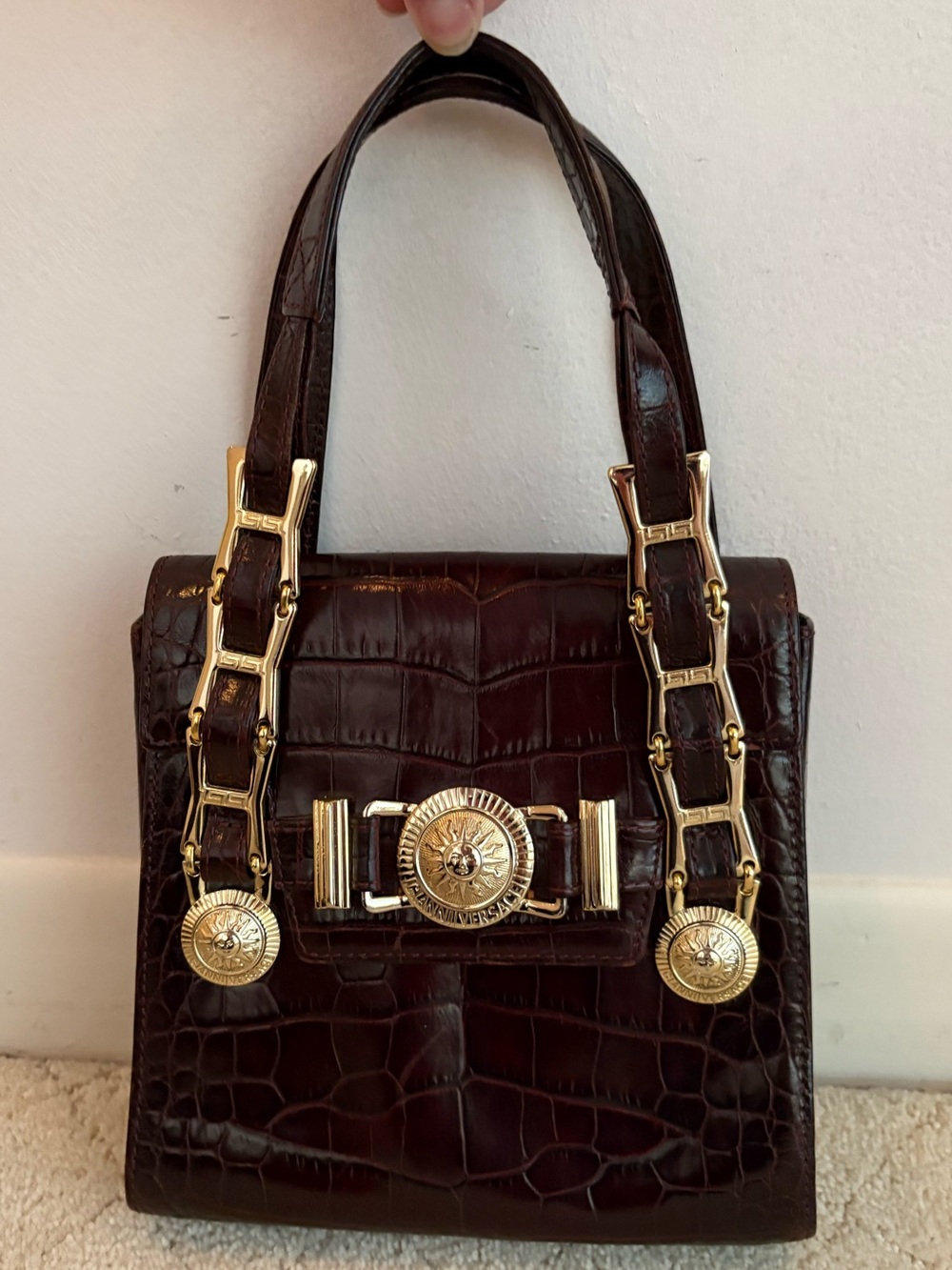 Gianni Versace Croc-Embossed Top Handle Bag in Dark Brown with Gold Hardware